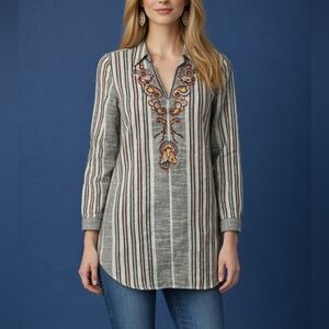 SOFT SURROUNDINGS Hungarian Embroidered Tweed Striped Aruba Fiesta Tunic